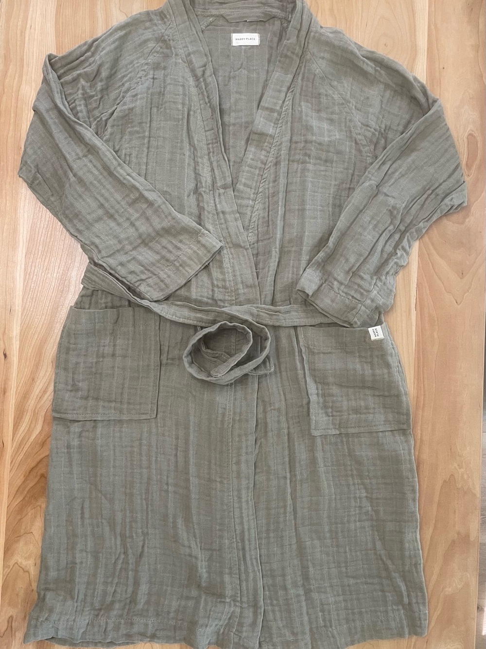 Happy Place XL Gauzy Robe Sage 100% Organic Cotton Tie Waist